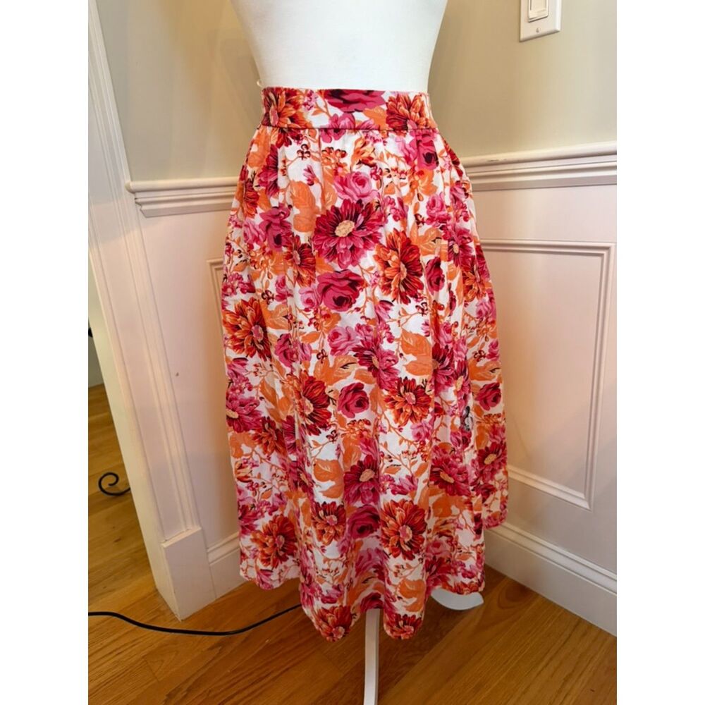 Japna Floral Midi Skirt Size Small Pink Orange A-Line Elastic Waist Pockets